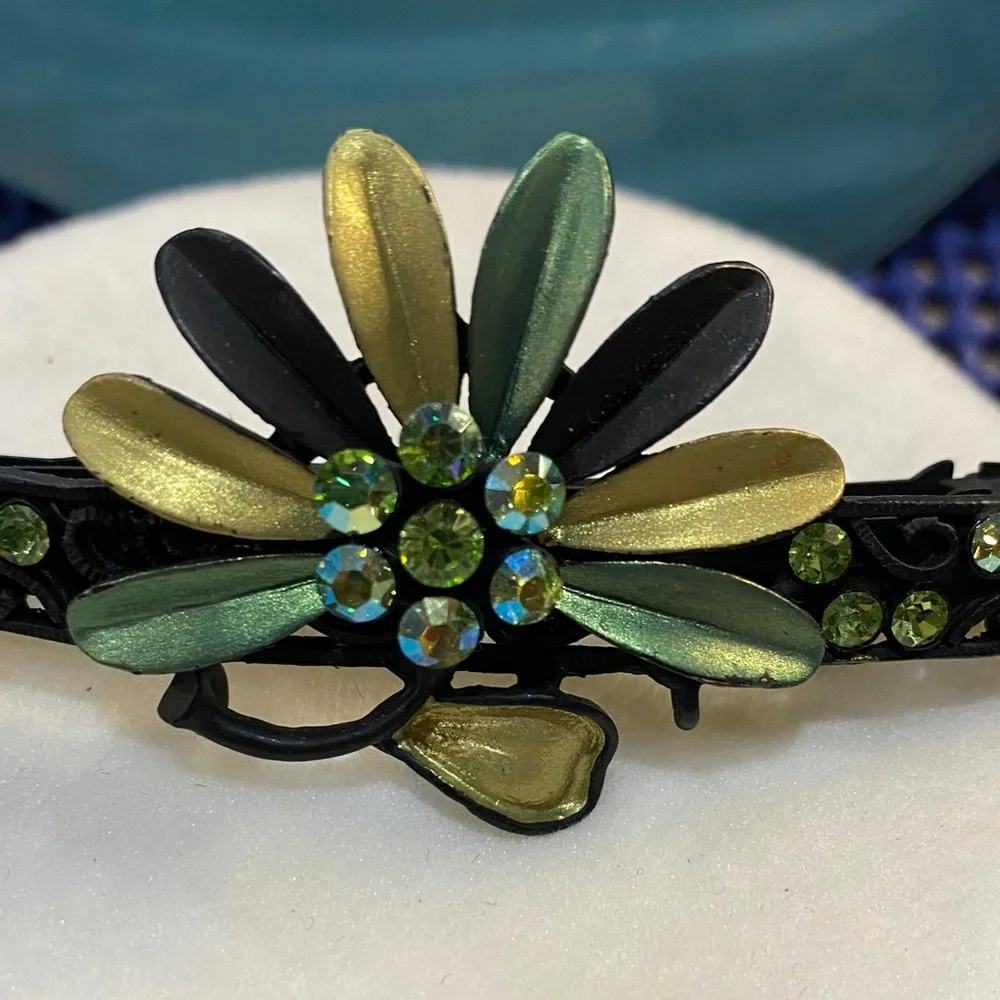 Elegant Black and Green Floral Hair Barrette 4 inch